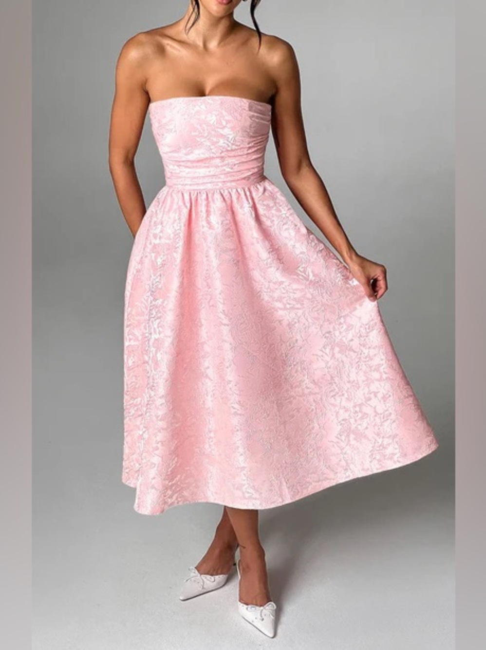 Strapless Pink Midi Dress - Elegant Jacquard Fit & Flare